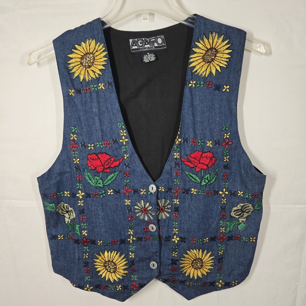 Vintage AGAPO Collection Embroidered Denim Vest Women's M Floral‎ Sunflower Rose